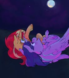 Size: 1059x1200 | Tagged: safe, artist:abbytabbys, sunset shimmer, twilight sparkle, alicorn, pony, unicorn, g4, curled up, duo, feathered wings, female, grass, hoof heart, lesbian, looking up, mare, moon, night, pointing, ship:sunsetsparkle, shipping, stargazing, stars, twilight sparkle (alicorn), underhoof, unshorn fetlocks, wings