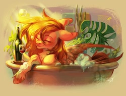 Size: 1280x972 | Tagged: safe, artist:plut0echo, oc, oc only, pegasus, pony, alcohol, bath, bathing, bathtub, bottle, bubble, commission, glass, plant, solo, unshorn fetlocks, wine, wine bottle, wine glass, ych result