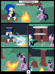 Size: 6000x8000 | Tagged: safe, artist:chedx, twilight sparkle, alicorn, hedgehog, pony, unicorn, comic:learning with pibby glitch battles, g4, comic, commission, community related, corrupted, crossover, error, eye beams, fanfic, fanfic art, fire, fire breath, glitch, ice breath, laser, multiverse, sneezing, sonic the hedgehog, sonic the hedgehog (series), tree, twilight sparkle (alicorn)