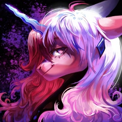 Size: 2000x2000 | Tagged: safe, artist:plut0echo, oc, oc only, pony, unicorn, abstract background, curved horn, ear piercing, earring, female, high res, horn, jewelry, mare, piercing, solo