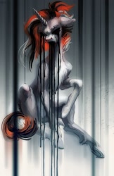 Size: 1240x1912 | Tagged: safe, artist:plut0echo, oc, oc only, pony, unicorn, abstract background, black tears, creepy, crying, cyrillic, female, mare, russian, sitting, solo