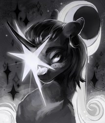 Size: 1500x1750 | Tagged: safe, artist:plut0echo, oc, oc only, pony, unicorn, commission, curved horn, ear piercing, earring, female, horn, jewelry, mare, monochrome, moon, piercing, stars