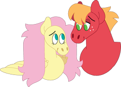 Size: 2051x1488 | Tagged: safe, artist:lepoppeta, big macintosh, fluttershy, earth pony, pegasus, pony, g4, bust, duo, duo male and female, female, freckles, lidded eyes, looking at each other, looking at someone, male, mare, ship:fluttermac, shipping, simple background, smiling, smiling at each other, stallion, straight, transparent background, why the long face