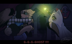 Size: 1920x1184 | Tagged: safe, artist:aff3ct10n, editor:xipheros, oc, oc only, oc:amoo, oc:blue cola, oc:maya, ghost, pegasus, pony, undead, unicorn, boo, clothes, costume, female, flannel, ghost costume, halloween, halloween costume, hat, holiday, magic, male, mare, scared, skirt, stalker, stallion, text, trio, ushanka, wings