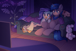 Size: 6500x4327 | Tagged: safe, artist:madelinne, oc, oc only, oc:nightfall, oc:sea lilly, blanket, carpet, couch, duo, night, plant, plushie, watching tv, window, wooden floor