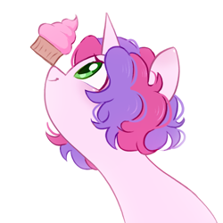 Size: 992x993 | Tagged: safe, artist:melodylibris, oc, oc only, oc:melody (melodylibris), pony, unicorn, balancing, bust, cupcake, cute, female, food, horn, looking up, mare, not sweetie belle, ponies balancing stuff on their nose, profile, side view, simple background, smiling, solo, unicorn oc, white background
