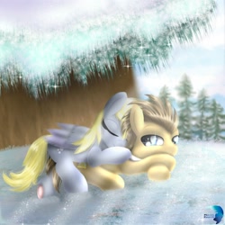 Size: 2000x2000 | Tagged: safe, artist:phoenixpaintfg, derpy hooves, doctor whooves, time turner, earth pony, pegasus, pony, g4, duo, duo male and female, eyes closed, female, high res, lying down, male, mare, outdoors, signature, smiling, snow, snuggling, sparkles, sparkly eyes, stallion, tree, wingding eyes, wings, winter