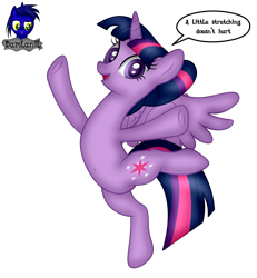 Size: 3840x4154 | Tagged: safe, artist:damlanil, twilight sparkle, alicorn, pony, g4, alternate hairstyle, belly, belly button, bipedal, comic, cute, female, frog (hoof), horn, looking at you, mare, open mouth, open smile, raised hoof, show accurate, simple background, smiling, solo, speech bubble, spread wings, standing, standing on one leg, stretching, text, transparent background, twilight sparkle (alicorn), underhoof, vector, wings