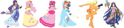 Size: 6672x1552 | Tagged: safe, artist:avazquez9, applejack, fluttershy, pinkie pie, rainbow dash, rarity, twilight sparkle, g4, clothes, dress, female, mane six, metroid, nintendo, palutena, princess daisy, princess peach, princess rosalina, princess zelda, puffy sleeves, rosalina, samus aran, simple background, super mario bros., super smash bros., the legend of zelda, white background