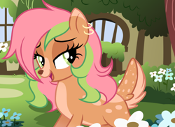 Size: 1480x1080 | Tagged: safe, artist:cstrawberrymilk, oc, oc:azalea, deer, deer pony, hybrid, original species, g4, bedroom eyes, cute, ear piercing, female, multicolored hair, piercing, solo