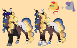 Size: 1280x794 | Tagged: safe, artist:malinraf1615, maud pie, sunset shimmer, oc, earth pony, pony, unicorn, g4, appaloosa, apron, chest fluff, chin freckles, closed mouth, clothes, coat markings, colored horn, coronet (coat marking), ear fluff, facial markings, female, freckles, frown, goggles, goggles on head, gradient legs, horn, magical lesbian spawn, mare, mealy mouth (coat marking), mismatched hooves, multicolored horn, offspring, parent:maud pie, parent:sunset shimmer, parents:maudshimmer, red eyes, simple background, smiling, socks (coat markings), unicorn oc, unshorn fetlocks, yellow background