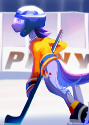 Size: 2480x3508 | Tagged: artist needed, safe, oc, oc only, oc:proudy hooves, earth pony, pony, 2021, clothes, earth pony oc, glass, green eyes, helmet, high res, hockey, hockey helmet, hockey stick, ice, ice hockey, ice skates, jersey, male, requested art, skates, solo, sports, stadium, stallion
