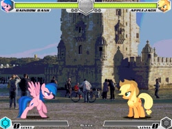 Size: 994x746 | Tagged: safe, artist:tom artista, applejack, firefly, rainbow dash, earth pony, pegasus, pony, fighting is magic, g4, belem tower, bipedal, fan game, game screencap, new, place, stage