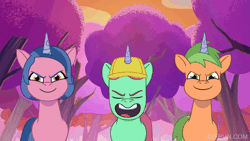 Size: 600x338 | Tagged: safe, screencap, emerald saucer, grassy hills, plum library, pony, unicorn, friday night food fight, g5, my little pony: tell your tale, spoiler:g5, spoiler:my little pony: tell your tale, spoiler:tyts01e66, animated