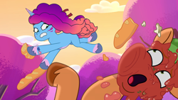Size: 1920x1080 | Tagged: safe, screencap, grassy hills, misty brightdawn, pony, unicorn, friday night food fight, g5, my little pony: tell your tale, spoiler:g5, spoiler:my little pony: tell your tale, spoiler:tyts01e66, baguette, bread, female, food, hitting, male, mare, rebirth misty, stallion