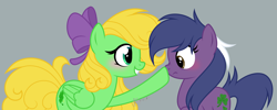 Size: 4832x1924 | Tagged: safe, artist:feather_bloom, oc, oc only, oc:clover chance(kaitykat), oc:mallory(fb), earth pony, pegasus, pony, g4, blushing, boop, bow, hair bow, simple background