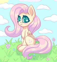 Size: 1174x1280 | Tagged: safe, artist:kutemango, fluttershy, pegasus, pony, g4, chibi, colorful, cute, female, flower, folded wings, grass, looking at you, mare, outdoors, sitting, sky, smiling, smiling at you, solo, three quarter view, wings