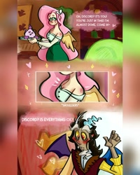 Size: 1080x1350 | Tagged: safe, artist:marishka, part of a set, discord, fluttershy, butterfly, human, g4, antlers, basket, blush scribble, blushing, breasts, clothes, comic, cup, door, fluttershy's cottage, heart, holiday, horn, horned humanization, humanized, implied discoshy, implied shipping, implied straight, plate, question mark, shoulder, shoulder blush, suit, tail, tailed humanization, teacup, teapot, valentine's day, winged humanization, wings