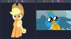 Size: 508x278 | Tagged: safe, applejack, gallus, earth pony, griffon, pony, derpibooru, g4, my little pony: friendship is magic, school daze, beggin', begging, cropped, cute, daaaaaaaaaaaw, female, gallabetes, implied shipping, jackabetes, juxtaposition, male, mare, meta, puppy dog eyes, ship:galljack, shipping, straight