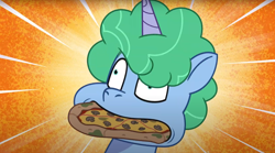 Size: 1680x936 | Tagged: safe, screencap, pony, unicorn, friday night food fight, g5, my little pony: tell your tale, spoiler:g5, spoiler:my little pony: tell your tale, spoiler:tyts01e66, food, male, mushroom, pizza, solo, spoiled, stallion, straw cup (g5)