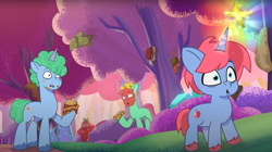 Size: 1674x937 | Tagged: safe, screencap, emerald saucer, kazoo (g5), pony, unicorn, friday night food fight, g5, my little pony: tell your tale, spoiler:g5, spoiler:my little pony: tell your tale, spoiler:tyts01e66, banana peel, colt, foal, food, lasagna, levitation, magic, male, pasta, sandwich, stallion, straw cup (g5), telekinesis