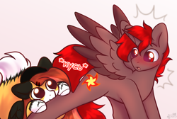 Size: 4040x2715 | Tagged: safe, artist:mariashek, oc, oc only, oc:hardy, oc:katoma, alicorn, pegasus, pony, biting, blushing, duo, female, fluffy tail, high res, looking at each other, looking at someone, male, mare, nibbling, nom, open mouth, spread wings, stallion, straight, surprised, tail, translated in the description, wings