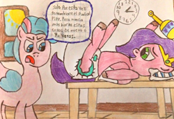 Size: 3092x2129 | Tagged: safe, artist:bitter sweetness, pipp petals, queen haven, pegasus, pony, g5, spoiler:g5, abdl, adult foal, changing table, diaper, diaper change, diaper fetish, female, fetish, high res, mother and child, mother and daughter, non-baby in diaper, open mouth, open smile, pillow, poofy diaper, rattle, smiling, spanish, spanish text, speech bubble, traditional art, translated in the description