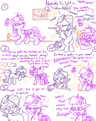 Size: 4779x6013 | Tagged: safe, artist:adorkabletwilightandfriends, starlight glimmer, twilight sparkle, alicorn, pony, unicorn, comic:adorkable twilight and friends, g4, adorkable, adorkable twilight, angry, bipedal, bug spray, clothes, cloud, cough, coughing, crying, cute, dork, eyes closed, female, friendship, happy, hitting, living room, magic, mare, nostril flare, nostrils, rain, red eyes, revenge, slippers, spitting, spray, spray can, stance, tears of pain, teary eyes, trick, twilight sparkle (alicorn), window