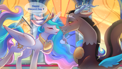 Size: 2325x1314 | Tagged: safe, artist:daffolyn, discord, princess celestia, alicorn, draconequus, pony, g4, blushing, canterlot castle, commissioner:zcord, crown, discord day, female, flag, glowing, glowing horn, hand on chest, hooves to the chest, horn, imminent kissing, inanimate object, inanimate tf, interspecies, jewelry, male, mare, regalia, ship:dislestia, shipping, signature, stained glass, straight, transformation