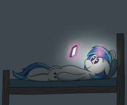 Size: 1679x1390 | Tagged: safe, artist:ponycolton, dj pon-3, vinyl scratch, pony, unicorn, fanfic:university days, g4, bed, female, implied shipping, lying down, magic, mare, night, phone, pillow, round belly, smiling