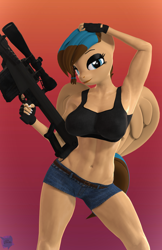 Size: 2160x3342 | Tagged: safe, artist:antonsfms, oc, oc only, oc:revy, pegasus, anthro, 3d, abs, clothes, commission, eyelashes, eyeshadow, female, fit, gloves, gradient background, gun, high res, looking at you, makeup, painted nails, pose, shorts, slender, smiling, smiling at you, solo, source filmmaker, tank top, thin, weapon