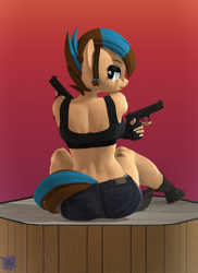Size: 2160x2966 | Tagged: safe, artist:antonsfms, oc, oc only, oc:revy, pegasus, anthro, 3d, abs, clothes, commission, eyelashes, eyeshadow, female, fit, gloves, gradient background, high res, looking at you, makeup, painted nails, pose, shorts, sitting, slender, smiling, smiling at you, solo, source filmmaker, tank top, thin, weapon