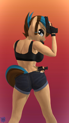 Size: 2160x3840 | Tagged: safe, artist:antonsfms, oc, oc only, oc:revy, pegasus, anthro, 3d, abs, clothes, commission, eyelashes, eyeshadow, female, fit, gloves, gradient background, high res, looking at you, makeup, painted nails, pose, shorts, slender, smiling, smiling at you, solo, source filmmaker, tank top, thin, weapon