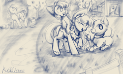 Size: 4000x2400 | Tagged: safe, artist:kusenkusentrate, apple bloom, applejack, big macintosh, winona, dog, earth pony, pony, g4, apple, apple siblings, apple sisters, apple tree, bandana, brother and sister, bucket, female, fence, filly, foal, food, male, mare, one eye closed, open mouth, siblings, sisters, sketch, smiling, stallion, tree, unshorn fetlocks
