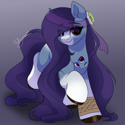 Size: 2000x2000 | Tagged: safe, artist:skyboundsiren, oc, oc:belladonna larkspur, earth pony, pony, bandage, eye clipping through hair, eyes do not belong there, gem, headband, high res, long hair, multiple eyes, redraw, solo, witch