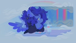 Size: 2048x1152 | Tagged: safe, artist:astroeden, oc, oc only, oc:vylet, pegasus, pony, carousel (an examination of the shadow creekflow and its life as an afterthought), cellphone, clothes, ear piercing, earring, frown, glasses, hoodie, jewelry, phone, piercing, rainbow waterfall, reflection, sitting, smartphone, smiling, solo, table, train, vylet pony, window