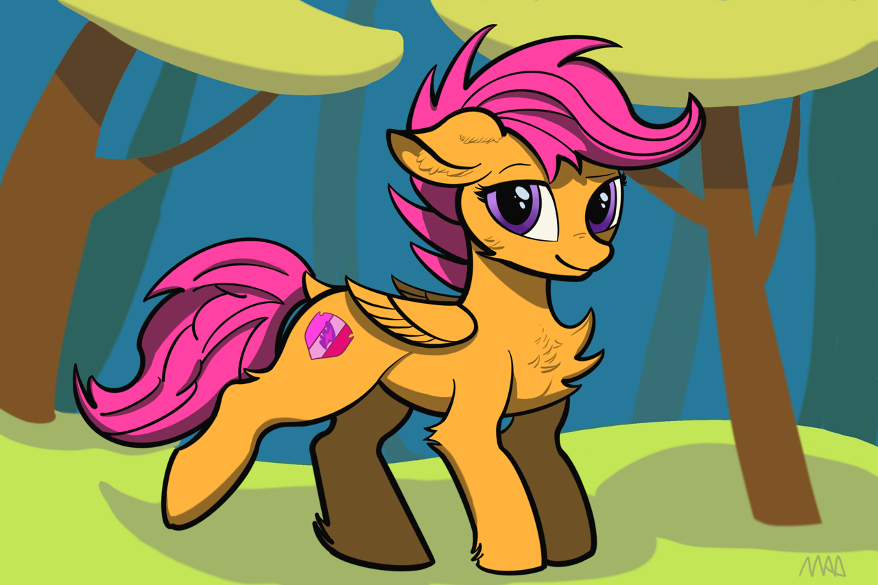 [chest fluff,cutie mark,dock,female,filly,foal,forest,g4,looking at you,nature,pegasus,pony,raised hoof,safe,scootaloo,smirk,solo,tail,tree,unshorn fetlocks,wings,ear fluff,smiling,folded wings,cheek fluff,hock fluff,artist:maonyman]