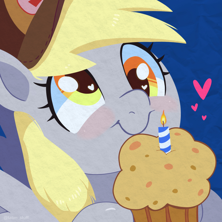 [blushing,bust,candle,cute,derpy hooves,female,food,g4,heart,heart eyes,mare,muffin,pegasus,pony,portrait,safe,wingding eyes,derpabetes,artist:talimingi,smiling]