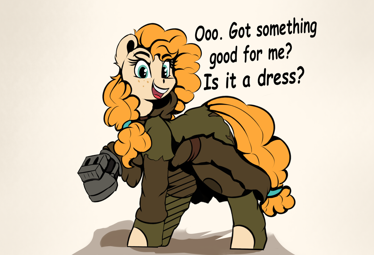 [clothes,earth pony,fallout,fallout: new vegas,fallout equestria,female,g4,looking at you,mare,pony,safe,solo,text,voice actor joke,power hoof,pear butter,veronica santangelo,artist:singovih]