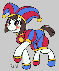 Size: 1253x1500 | Tagged: safe, artist:hob-kun, doll pony, earth pony, object pony, original species, pony, animate object, blush sticker, blushing, doll, female, gray background, grin, hat, hoof shoes, jester, jester hat, jester outfit, living doll, mare, nervous, nervous smile, no more ponies at source, pomni, ponified, ponmi, raised hoof, signature, simple background, smiling, solo, the amazing digital circus, toy