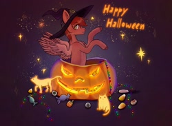 Size: 2274x1668 | Tagged: safe, artist:soudooku, oc, oc only, oc:autumn rosewood, cat, pegasus, pony, candy, commission, food, halloween, hat, holiday, male, pale belly, pumpkin, solo, stallion, witch, witch hat
