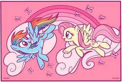 Size: 3101x2088 | Tagged: safe, artist:glorymoon, fluttershy, rainbow dash, butterfly, pegasus, pony, g4, cloud, coloring page, flying, high res, looking at each other, looking at someone, looking back, open mouth, open smile, rainbow, smiling, spread wings, wings