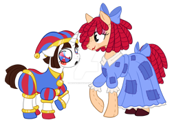 Size: 1920x1335 | Tagged: safe, artist:moondeer1616, doll pony, earth pony, hagwarders, object pony, original species, pony, unicorn, blush sticker, blushing, bow, clothes, deviantart watermark, doll, dress, duo, duo female, female, floppy ears, hair bow, hat, hoof shoes, jester, jester hat, jester outfit, living doll, looking at someone, looking away, mare, obtrusive watermark, open mouth, patch, pomni, ponified, ponmi, ragatha, ragdoll, raised hoof, simple background, stitches, tail, tail bow, the amazing digital circus, toy, transparent background, watermark, wavy mouth
