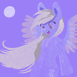 Size: 2048x2048 | Tagged: safe, artist:felisamafeles, derpy hooves, pegasus, pony, g4, chest fluff, digital art, eye clipping through hair, full moon, high res, moon, open mouth, open smile, pointillism, shoulder fluff, simple background, smiling, solo, spread wings, traditional art emulation, wings