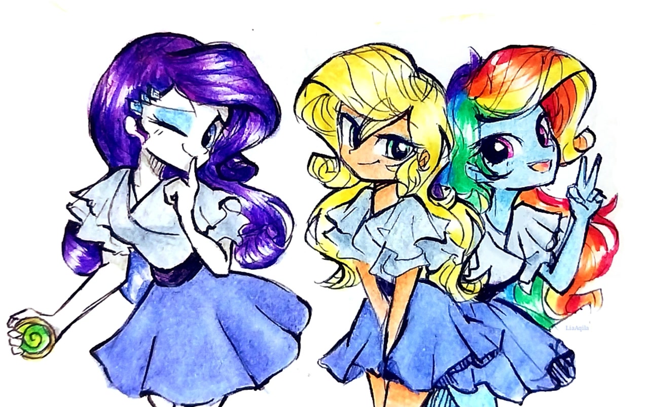 [applejack,blue skin,cute,equestria girls,eyeshadow,g4,green eyes,human,hypnosis,hypnotized,makeup,orange skin,rainbow dash,rainbow dash always dresses in style,rarity,rarity hair,safe,simple background,tanned,white background,wink,peace sign,shipping fuel,one eye closed,dashabetes,jackabetes,raribetes,applejack also dresses in style,magenta eyes,cutie mark accessory,tomboy taming,hairstyle swap,blue eyes,light skin,hair accessory,cutie mark hair accessory,artist:liaaqila,blue eyeshadow,personality change,hypno dash,hypnojack,rarity's clothes,finger on lips]