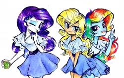 Size: 2261x1420 | Tagged: safe, artist:liaaqila, applejack, rainbow dash, rarity, human, equestria girls, g4, applejack also dresses in style, blue eyeshadow, clothes, cute, cutie mark accessory, cutie mark hair accessory, dashabetes, eyeshadow, finger on lips, hair accessory, hairstyle swap, hypno dash, hypnojack, hypnosis, hypnotized, jackabetes, makeup, one eye closed, peace sign, personality change, rainbow dash always dresses in style, raribetes, shirt, simple background, skirt, tomboy taming, traditional art, white background, wink