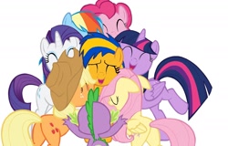 Size: 1400x898 | Tagged: safe, artist:mlpfan3991, applejack, fluttershy, pinkie pie, rainbow dash, rarity, spike, twilight sparkle, oc, oc:flare spark, alicorn, dragon, earth pony, pegasus, pony, unicorn, g4, the cutie re-mark, butt, eyes closed, female, group hug, hug, male, mane seven, mane six, plot, show accurate, simple background, twilight sparkle (alicorn), white background