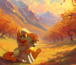 Size: 1194x1018 | Tagged: safe, artist:yidwags, applejack, bright mac, earth pony, pony, g4, crying, duo, embrace, family, hug, hug from behind, mountain, mountain range, orchard, sitting, sunset