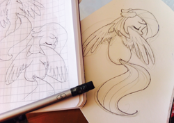 Size: 1233x874 | Tagged: safe, artist:kluzart, fluttershy, pegasus, pony, g4, eyes closed, female, floppy ears, graph paper, mare, monochrome, rear view, sad, sitting, solo, spread wings, traditional art, turned head, wings