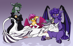 Size: 2500x1600 | Tagged: safe, artist:change, oc, oc only, oc:amelia valkyria, oc:escalation, oc:willow, oc:yellow jack, oc:yiazmat, bat pony, changeling, draconequus, pegasus, pony, anthro, anthro oc, bat pony oc, bat wings, brush, brushie, changeling oc, feathered wings, female, gradient background, hand, horn, horns, male, not scootaloo, pampering, paws, pegasus oc, scar, wings